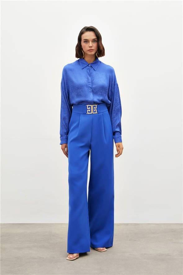 Waist Accessory Wide Leg Trousers - Royal Blue