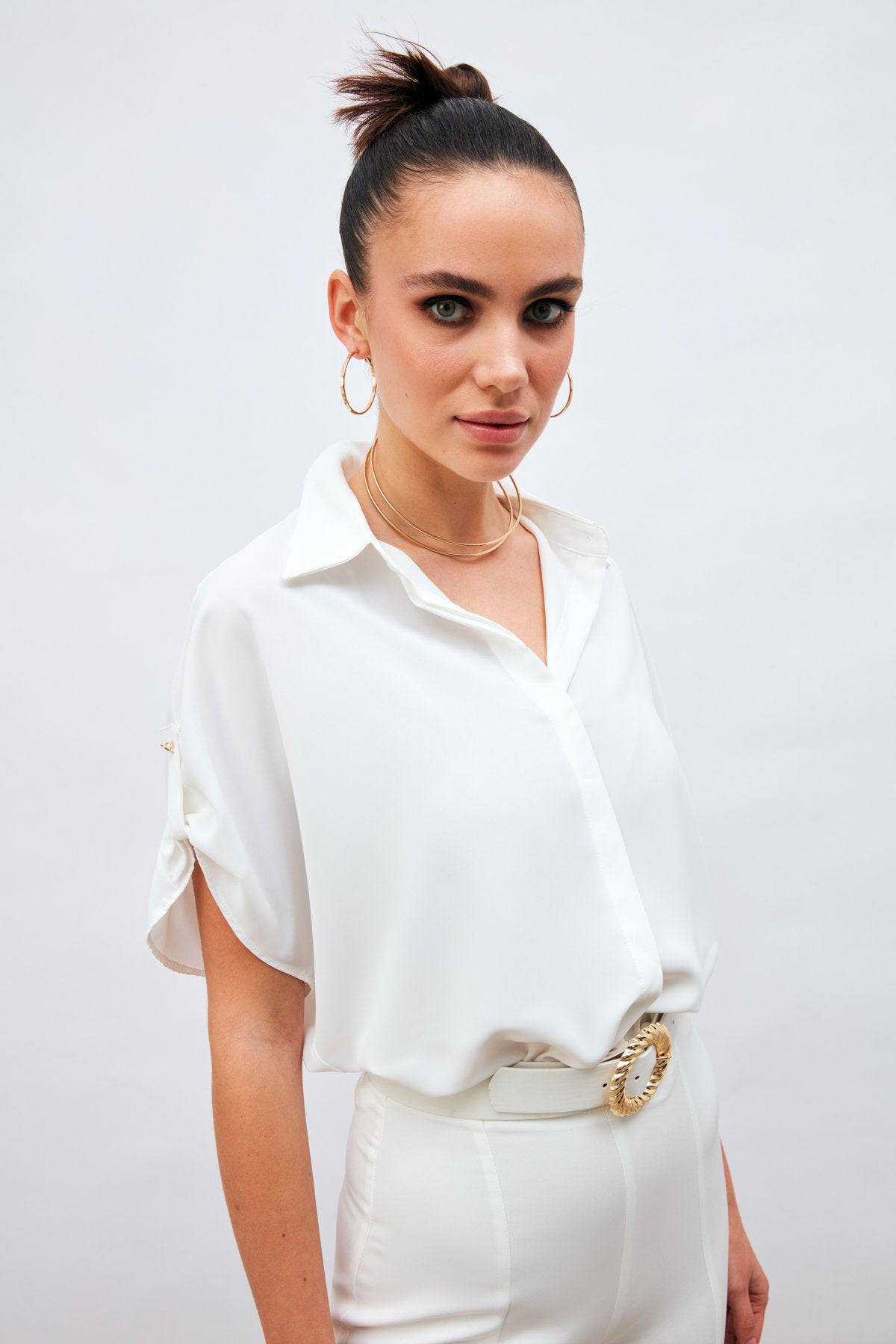 Casual Shirt with Sleeve Detail - EKRU - LussoCA