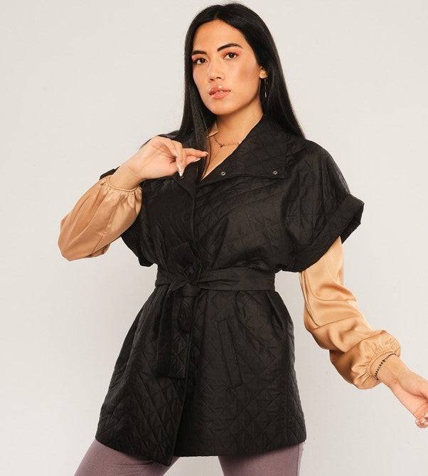 Quilted Short Sleeve Jacket with Belt - Black - LussoCA