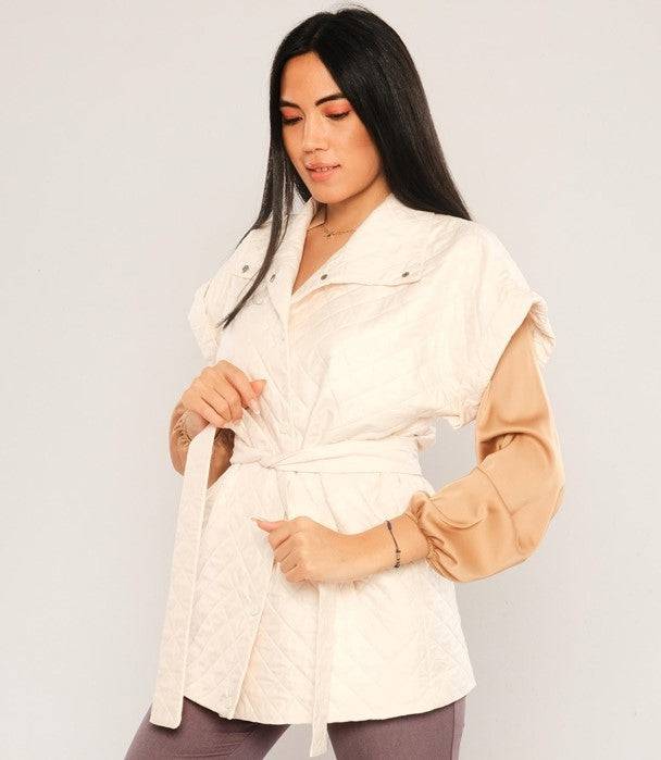 Quilted Short Sleeve Jacket with Belt - Off White - LussoCA