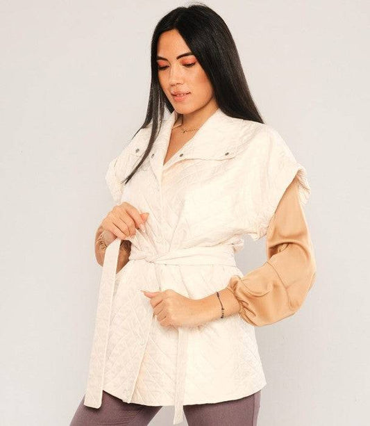 Quilted Short Sleeve Jacket with Belt - Off White - LussoCA