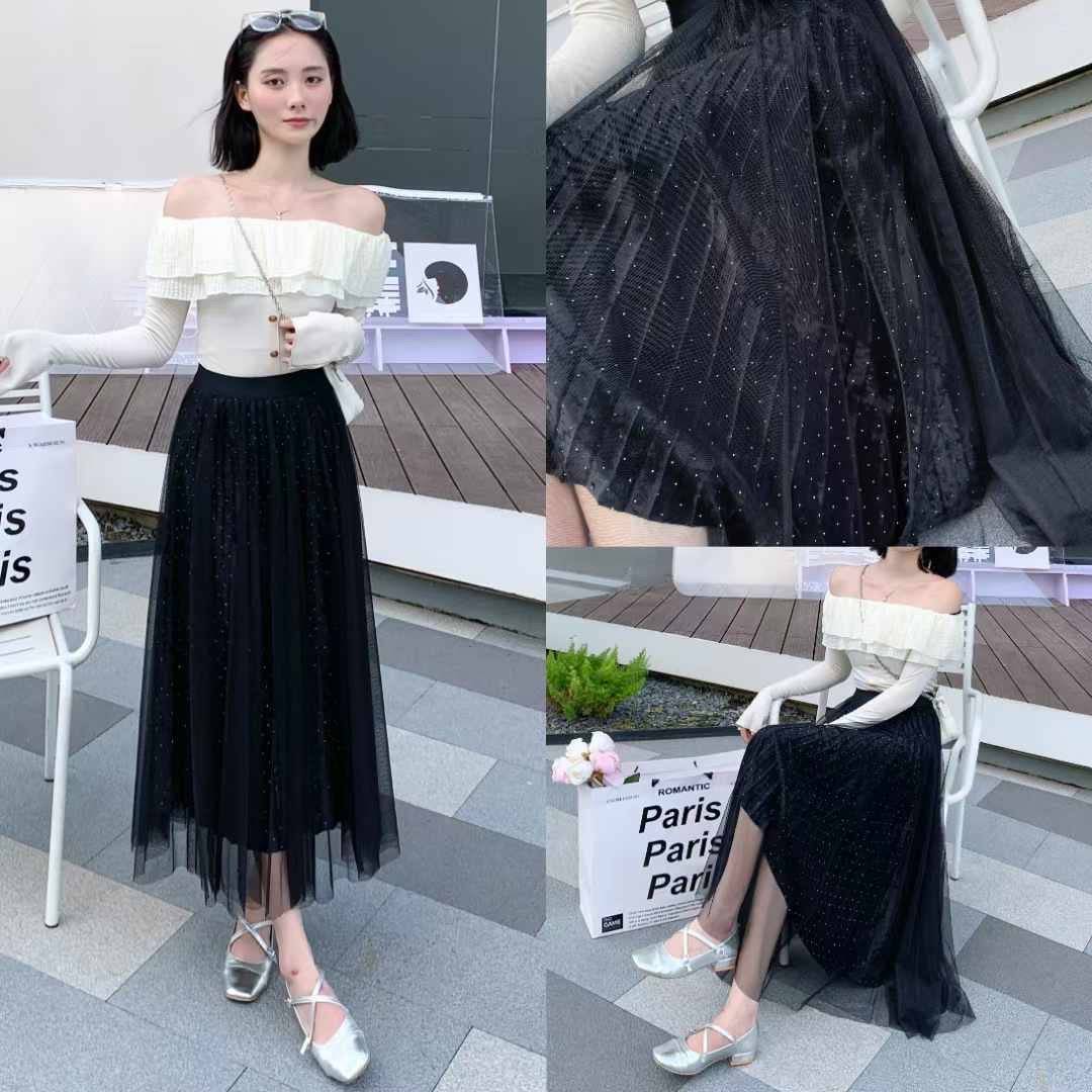 Pleated Tulle Midi Skirt with Velvet Lining - Black