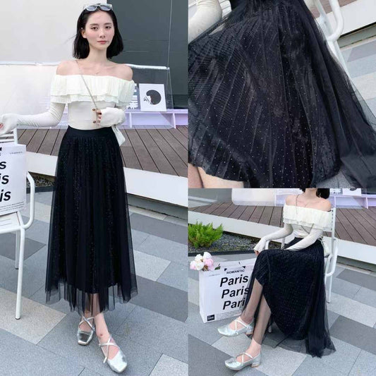 Pleated Tulle Midi Skirt with Velvet Lining - Black