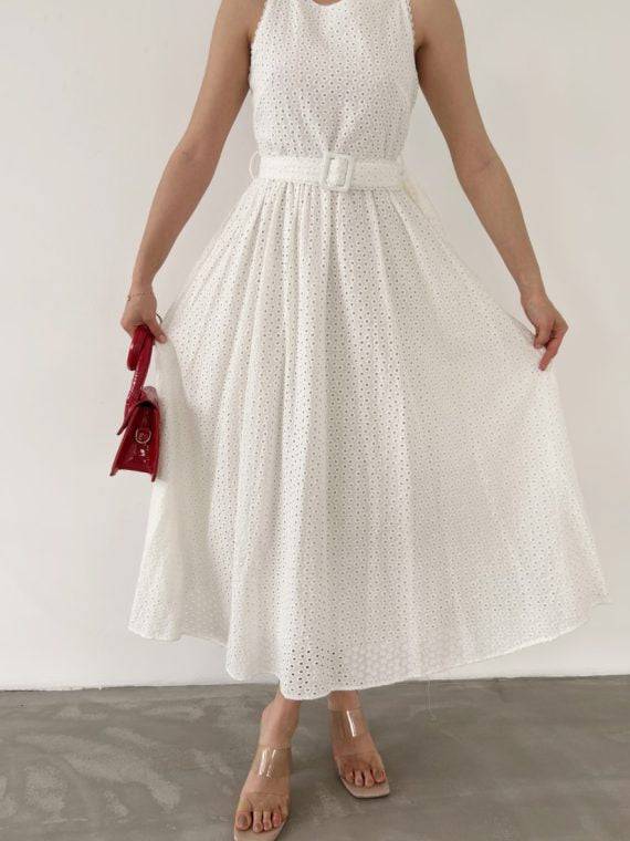 Gathered Long Dress With Waist Belt - LussoCA