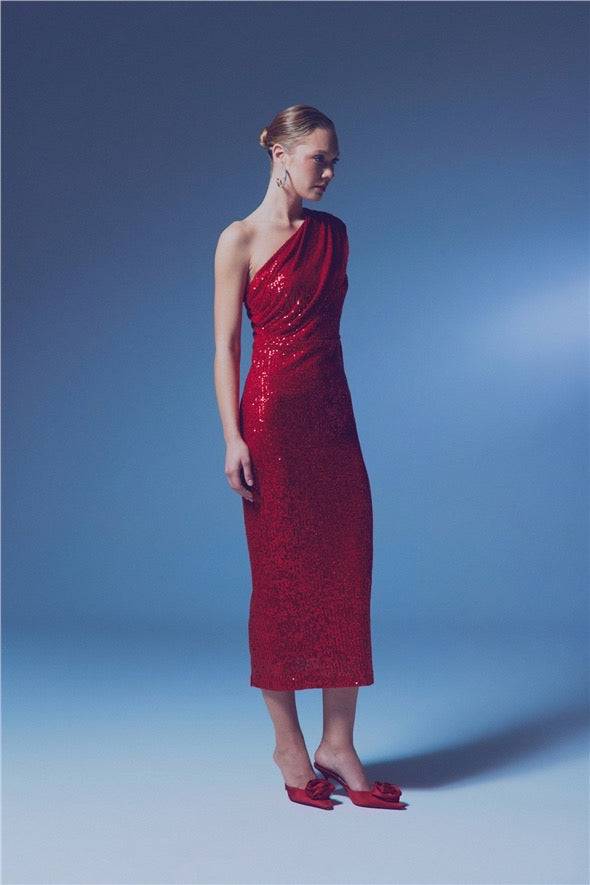 One-Shoulder Long Sleeve Sequin Midi Dress - Red