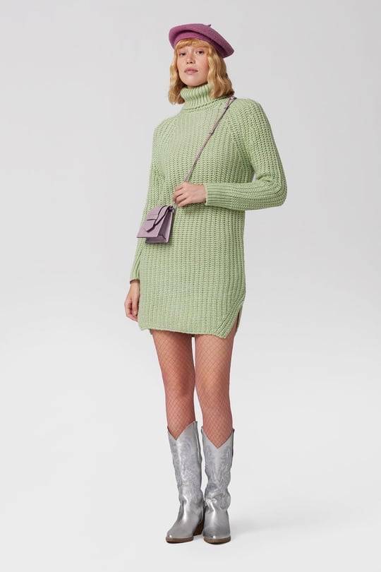 Turtle Neck Knit Jumper Mini Dress with Side Slits - Mint - LussoCA