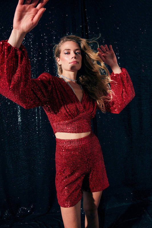 Sequin Detailed Shorts - Red - LussoCA