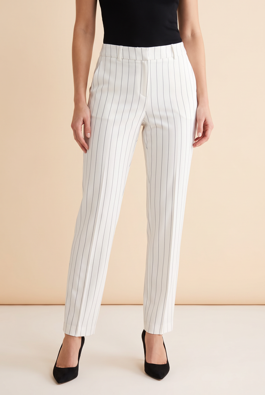 Pinstripe Stretchy Crepe Straight Pants in White styled with a black top – women's pants by Lusso