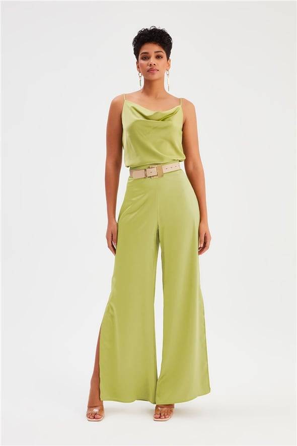 Plunging Neck Satin Blouse - Olive - LussoCA