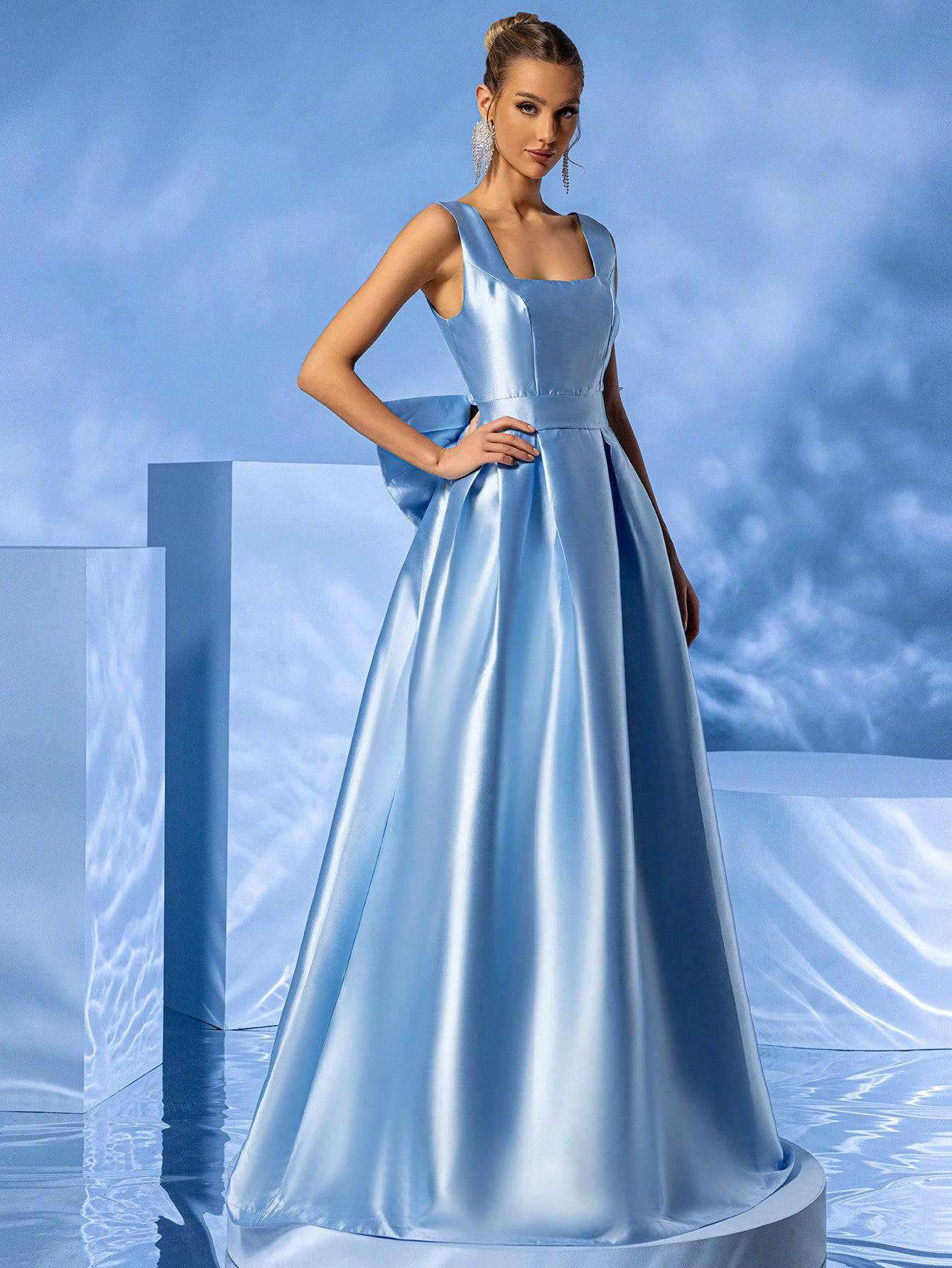 Square Neck Taffeta Puffy Pleated Maxi Dress With a Big Bow - Baby Blue