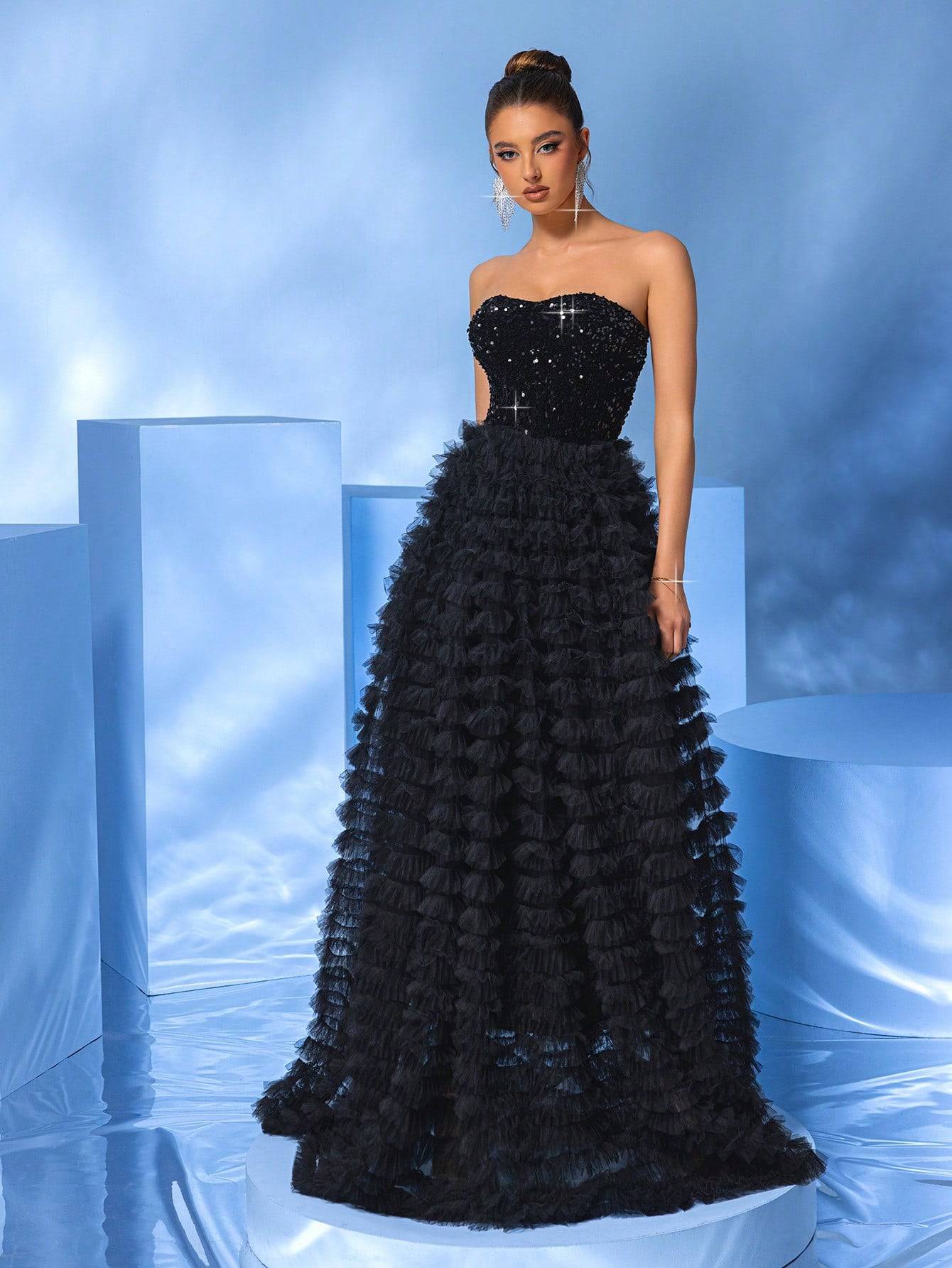 Strapless Black Sequin Ball Gown with Layered Tulle Ruffle Skirt – Luxe Prom & Gala Dress