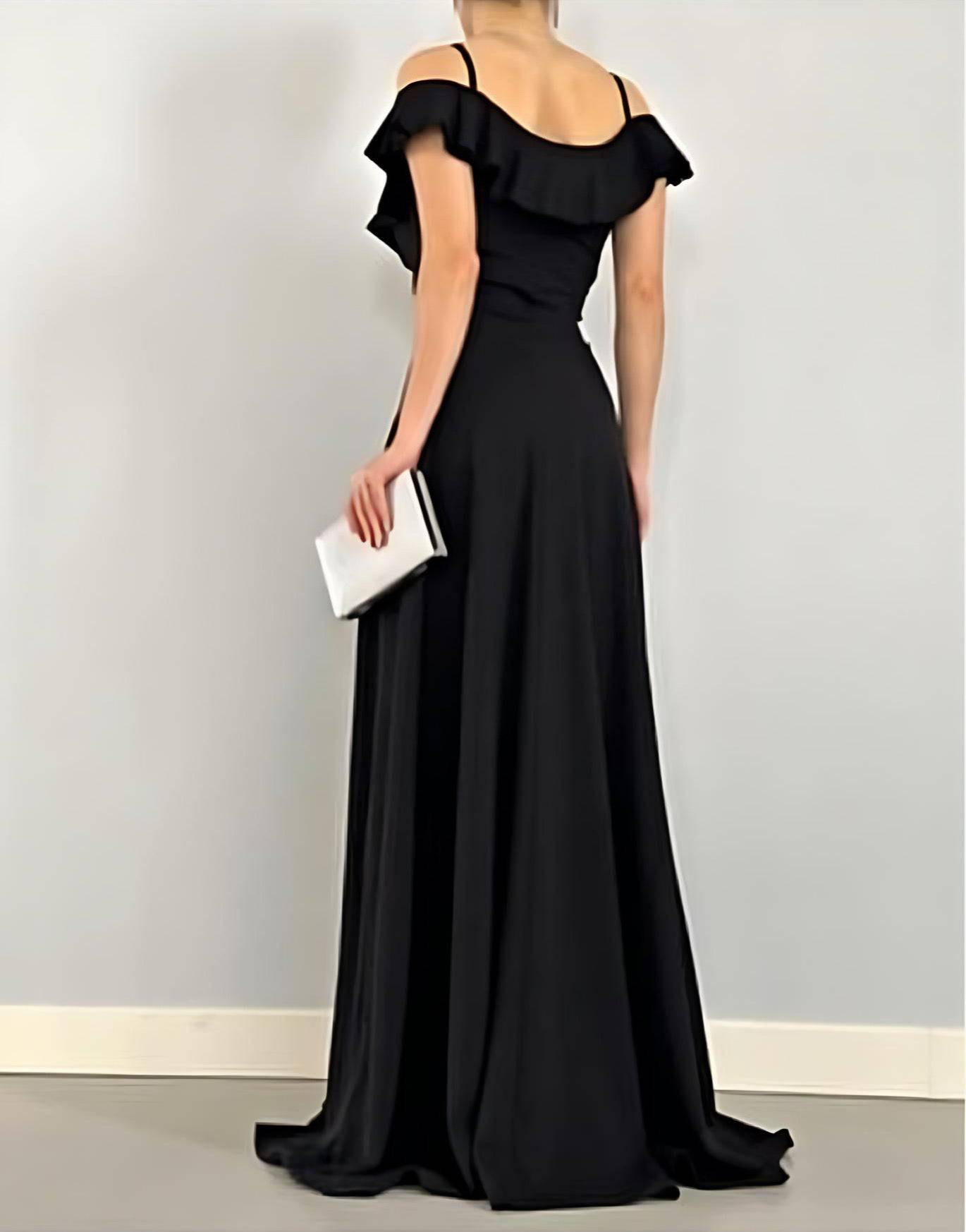 Off-Shoulder Maxi Dress with Spaghetti Straps and Long Slit - Black - LussoCA