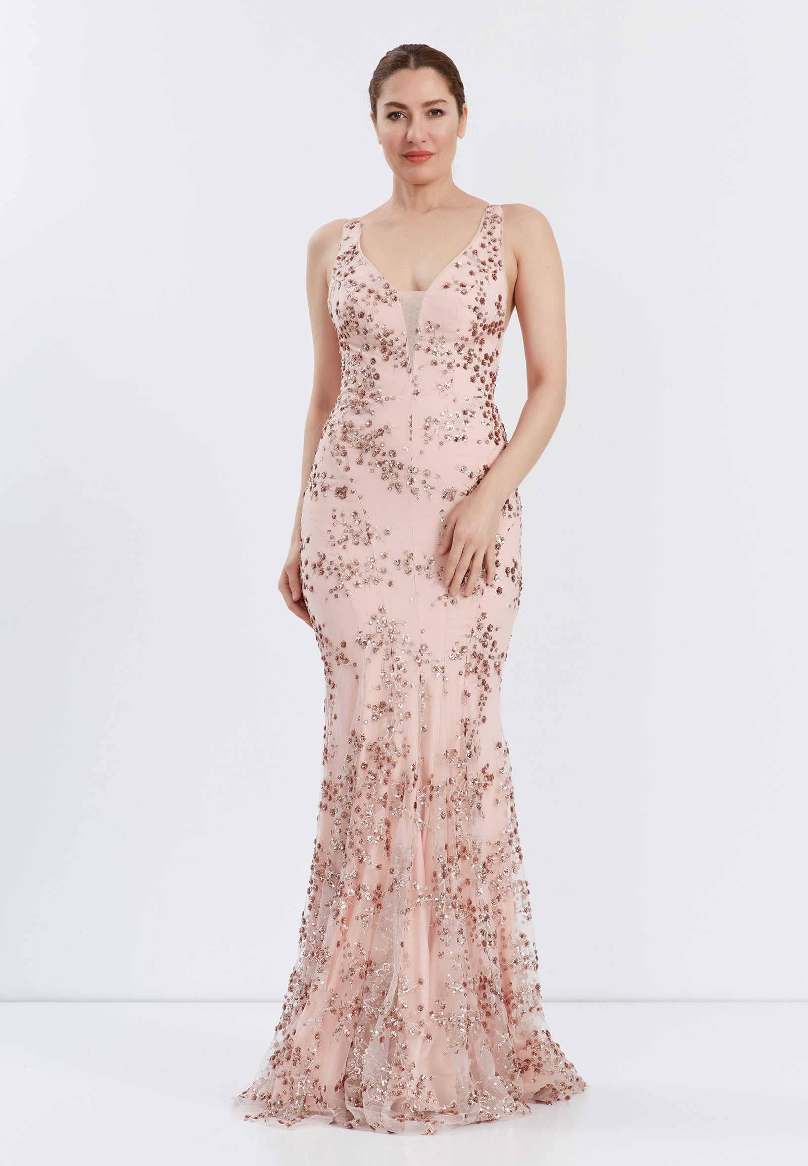 Backless Maxi Tulle Floral Sequins Mermaid Wedding Guest Dress - Rose Gold | Lusso Backless Maxi Tulle Floral Sequins Mermaid Wedding Guest Dress - Rose Gold | Lusso