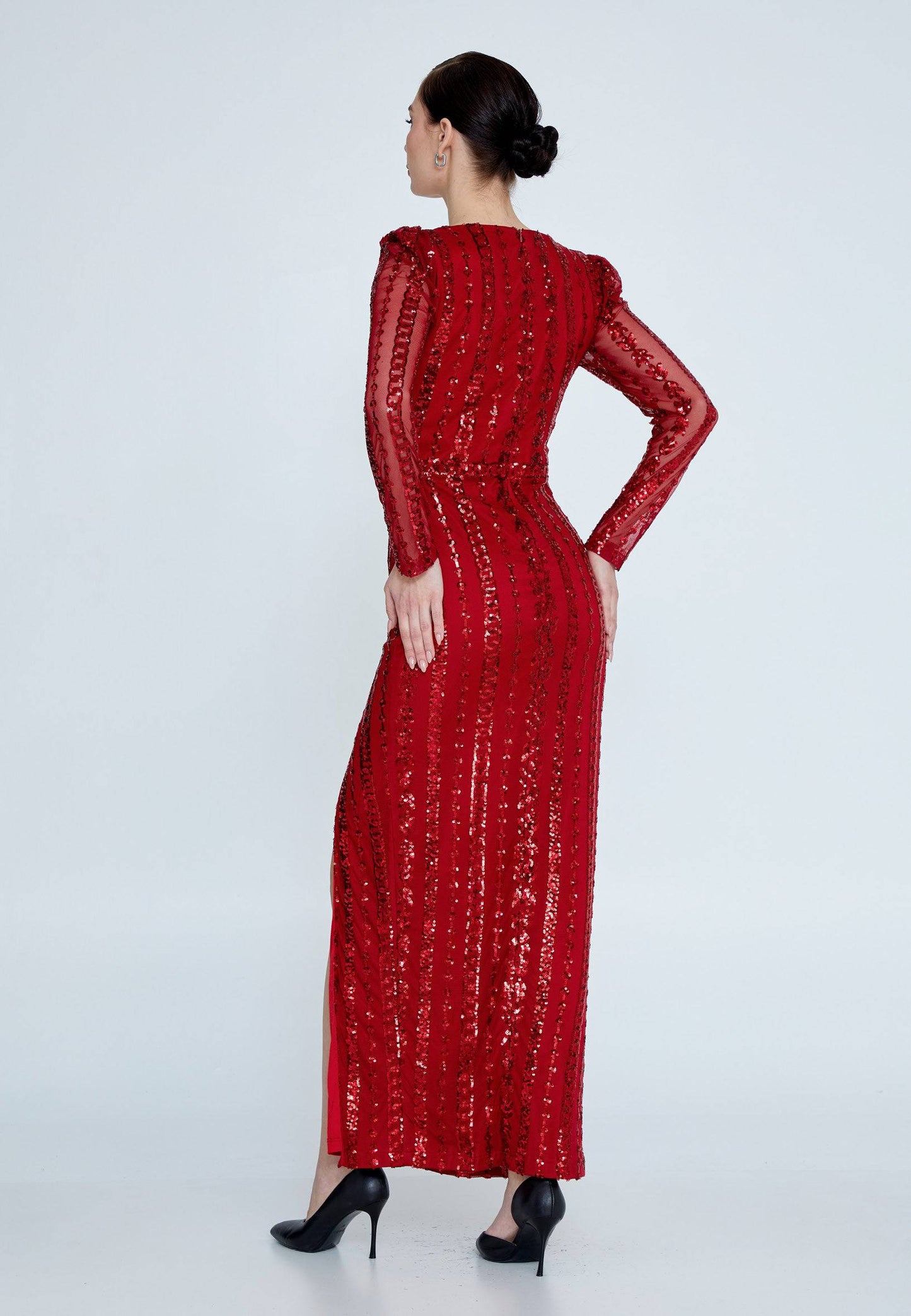 Long Sleeve Sequin Midi Dress - Red