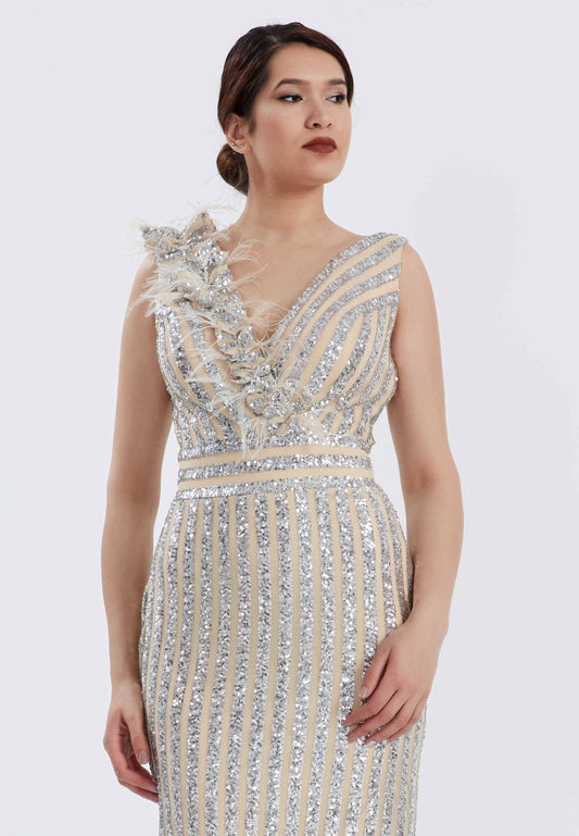 Sleeveless Maxi Sequin Bodycon Evening Dress - Silver Beige - LussoCA