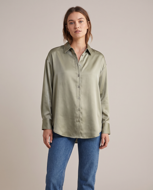 Satin Shirt styled on model with jeans – women's top by Lusso