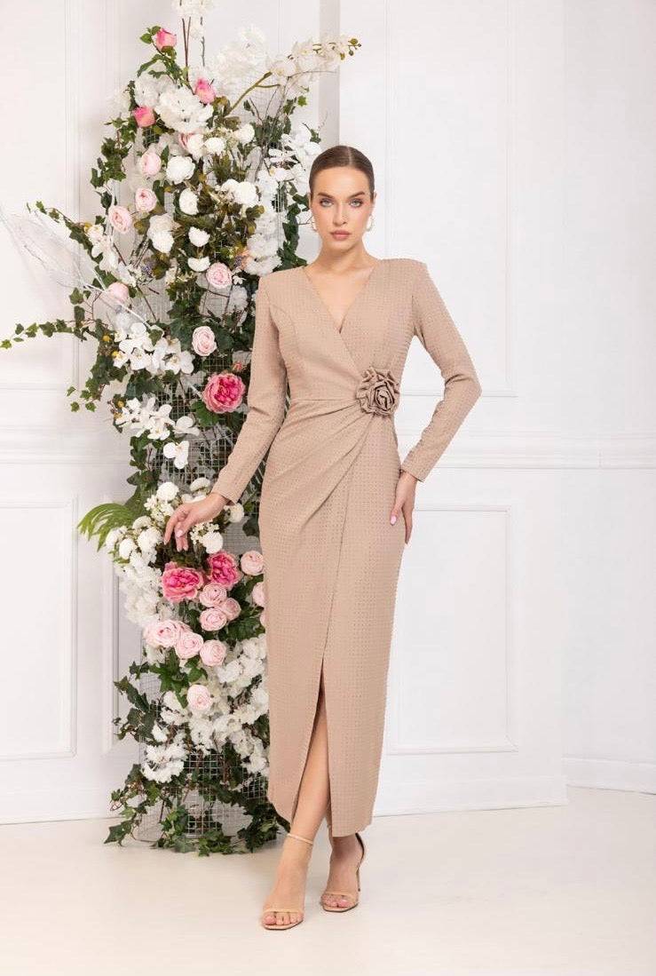 Evening Midi Floral with Sleeve V-neck Dress - Dark Beige - LussoCA