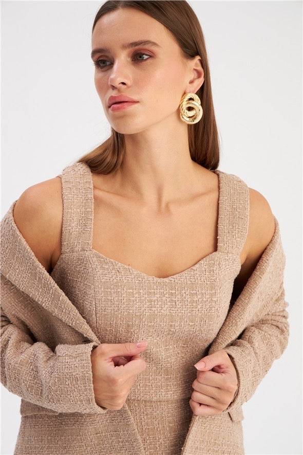 Strap Tweed Crop Blouse - Beige - LussoCA