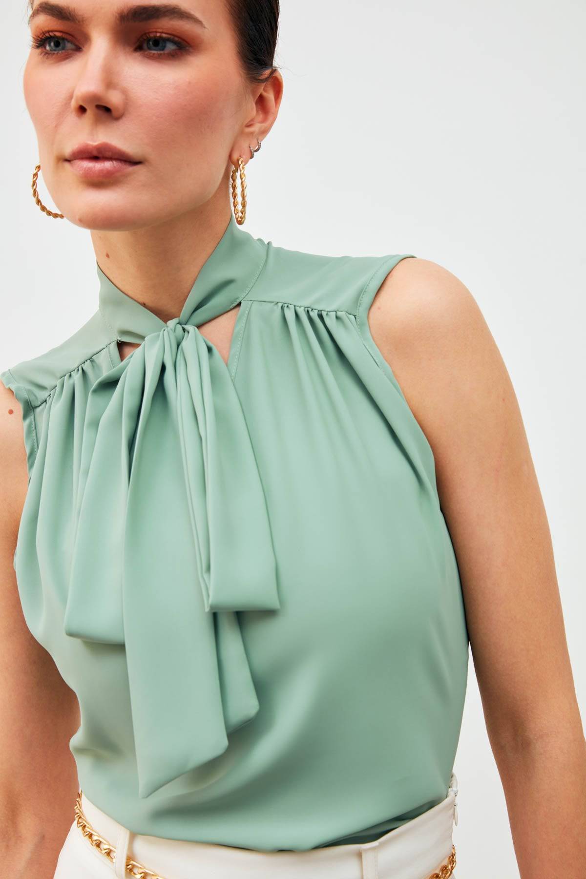 Sleeveless Blouse with Scarf - sage green - LussoCA