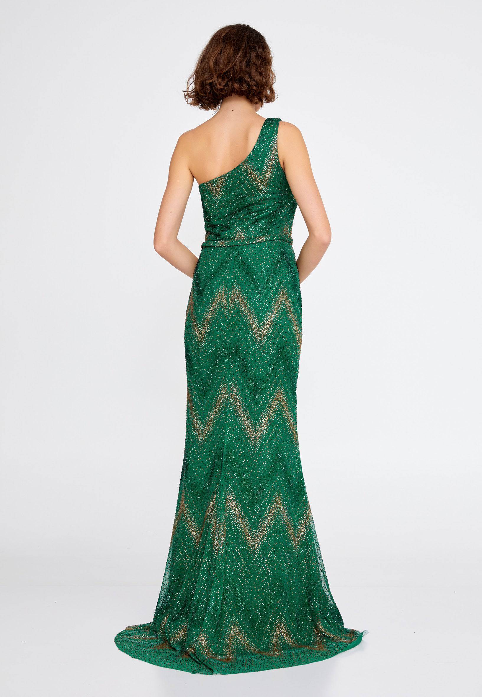 One Shoulder Maxi Tulle Mermaid Regular Green Evening Dress - Green - LussoCA