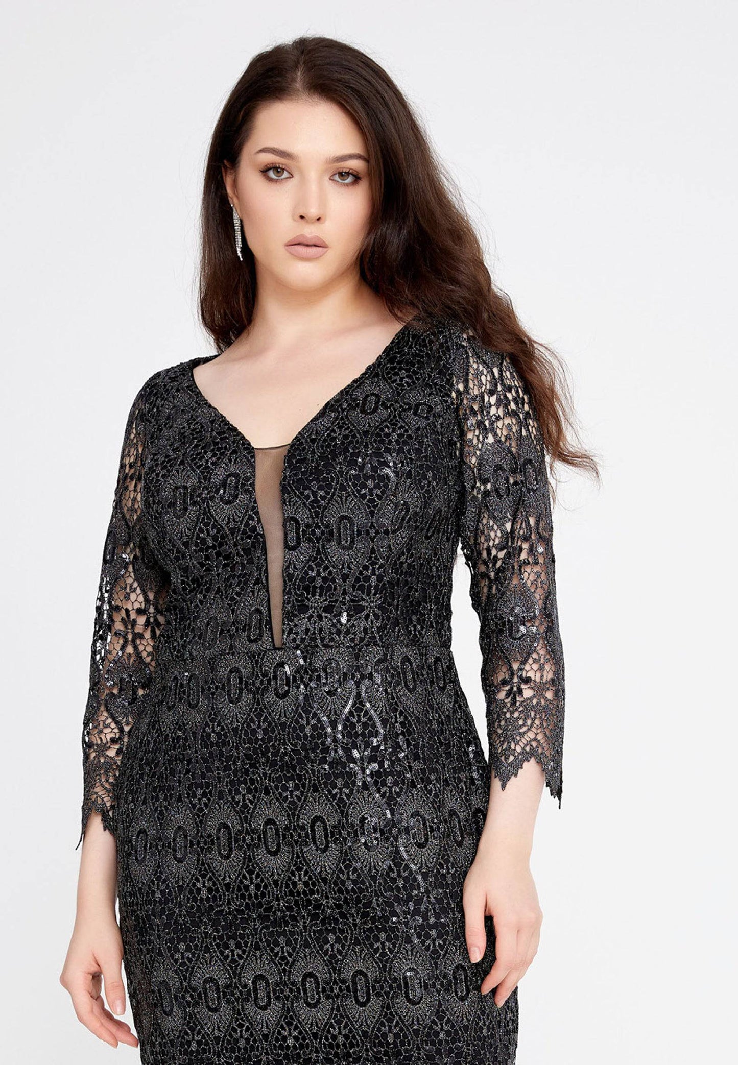 Mid-Length Midi Lace Column Plus Size Black Evening Dress - Black - LussoCA
