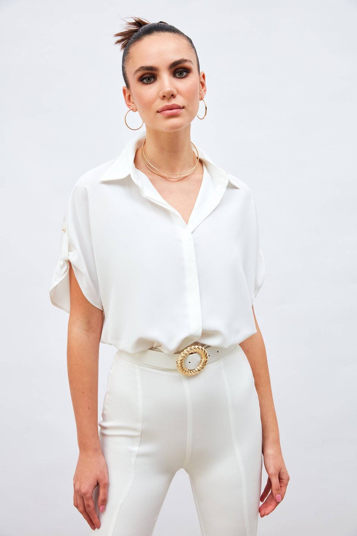 Casual Shirt with Sleeve Detail - EKRU - LussoCA