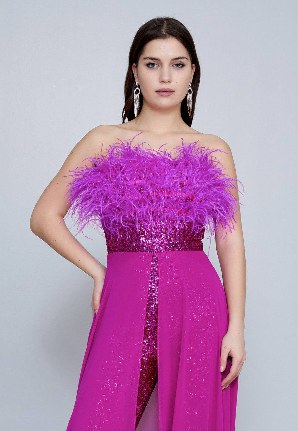 Strapless Sequin Chiffon Regular Fit Evening Jumpsuit - Fuchsia - LussoCA