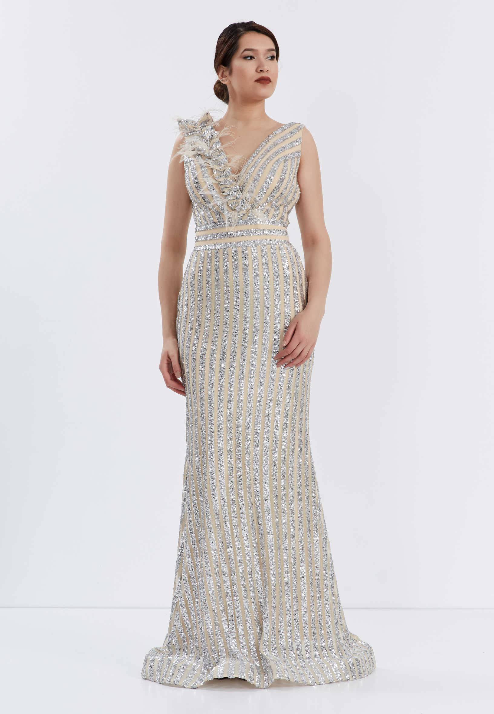 Sleeveless Maxi Sequin Bodycon Evening Dress - Silver Beige - LussoCA