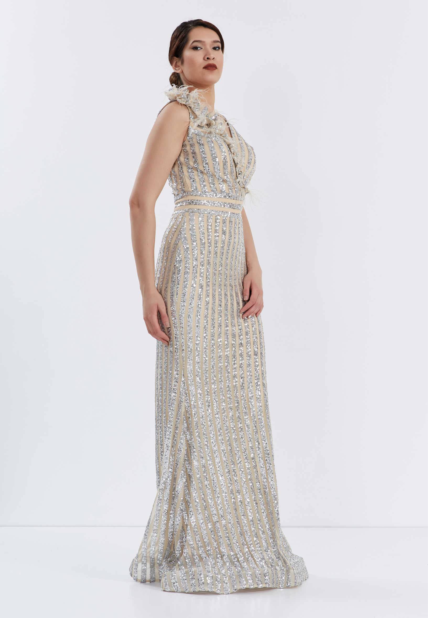 Sleeveless Maxi Sequin Bodycon Evening Dress - Silver Beige - LussoCA