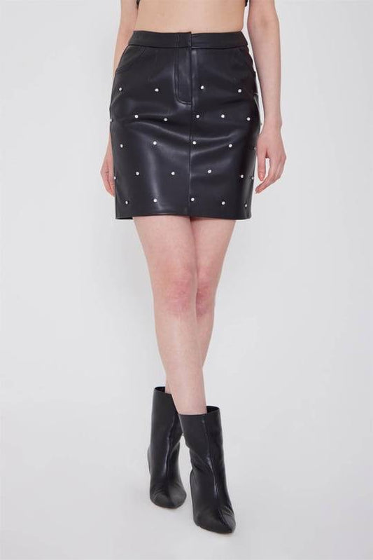 PU Leather Mini Skirt with Embellishments Deep - Ink Black - LussoCA