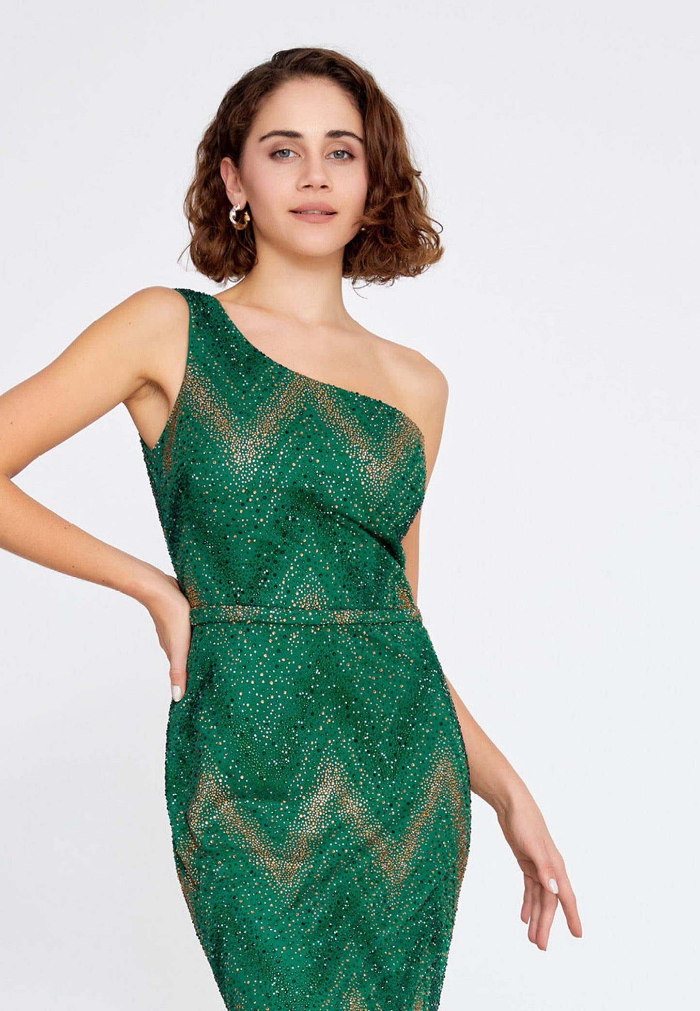 One Shoulder Maxi Tulle Mermaid Regular Green Evening Dress - Green - LussoCA