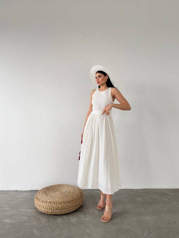 Gathered Long Dress With Waist Belt - LussoCA