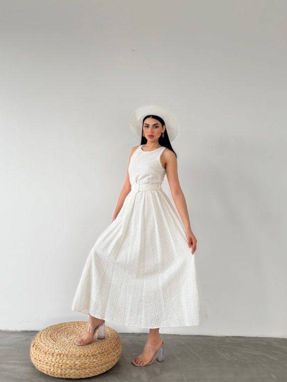 Gathered Long Dress With Waist Belt - LussoCA