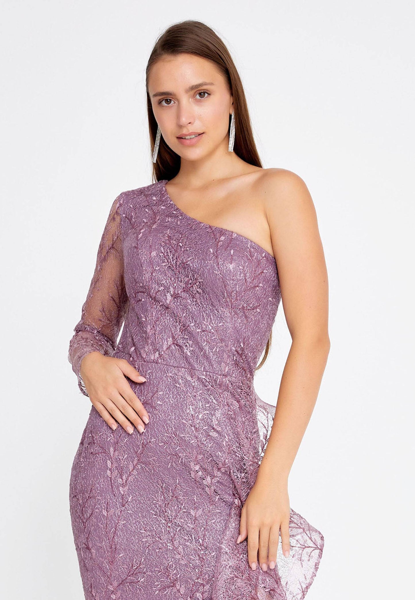 One Shoulder Maxi Lace Mermaid Regular Purple Wedding Guest Dress- Purple - LussoCA