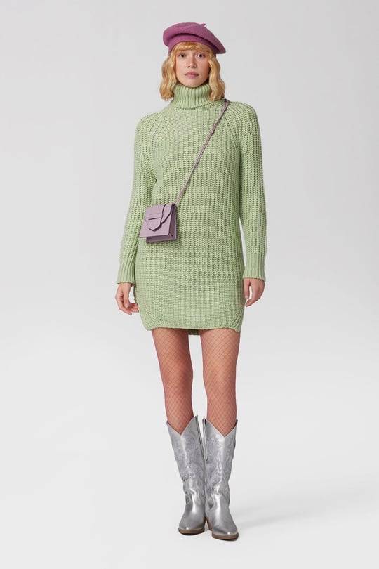 Turtle Neck Knit Jumper Mini Dress with Side Slits - Mint - LussoCA