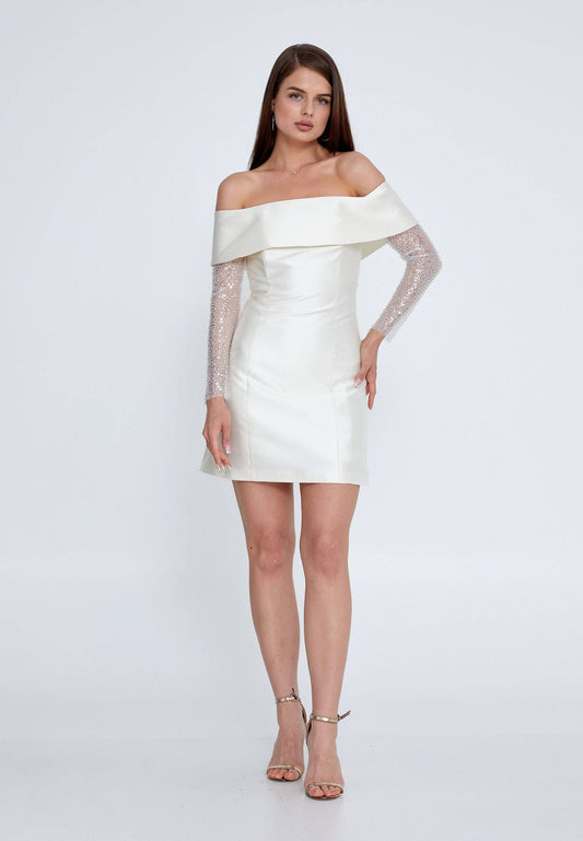 Off white short dress with sequin sleeve - LussoCA