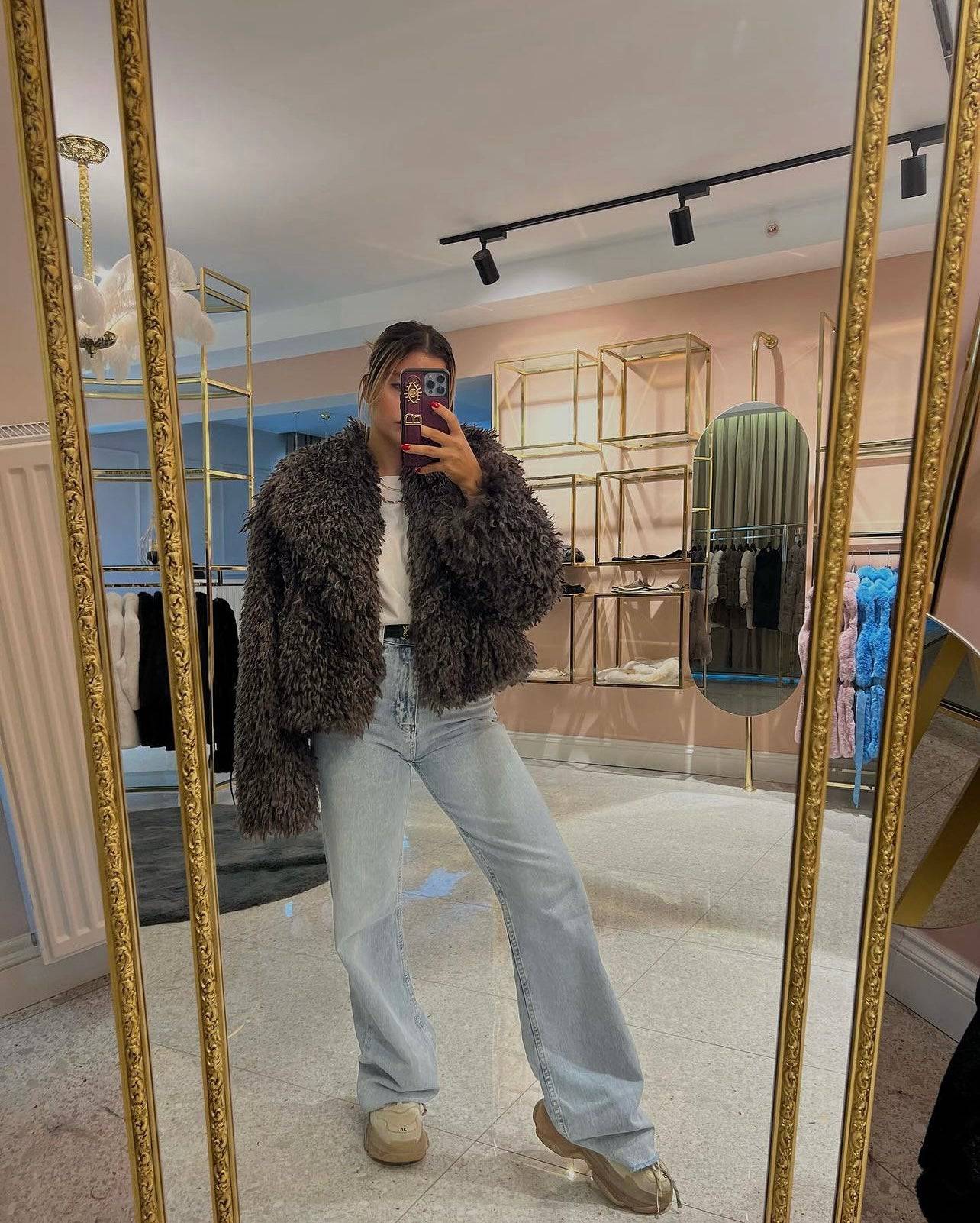 Fluffy fur crop jacket - Charcoal - LussoCA