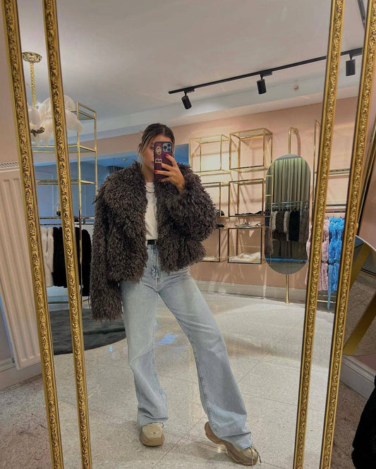 Fluffy fur crop jacket - Charcoal - LussoCA