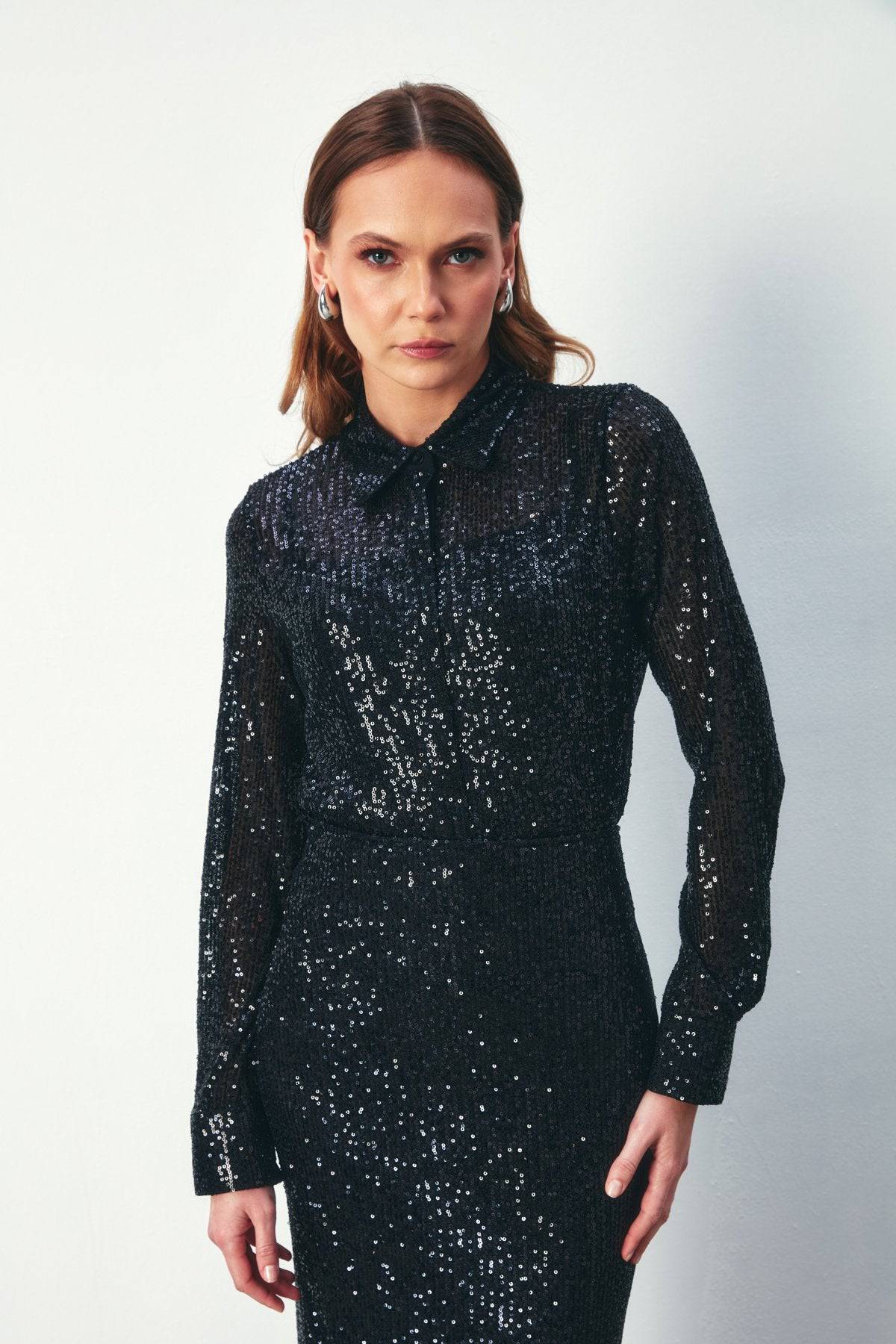 Sequined Casual Shirt - BLACK - LussoCA