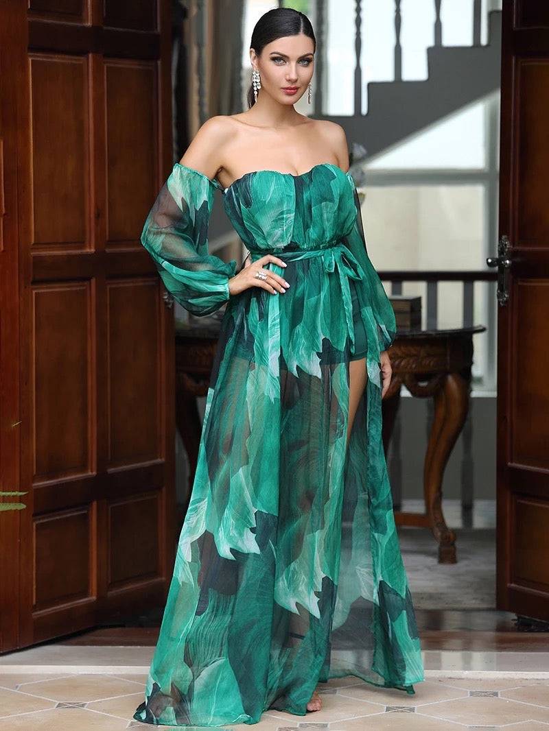 Flowy Strapless Chiffon Romper with Long Removable Sleeve and a Long Slit - Green - LussoCA