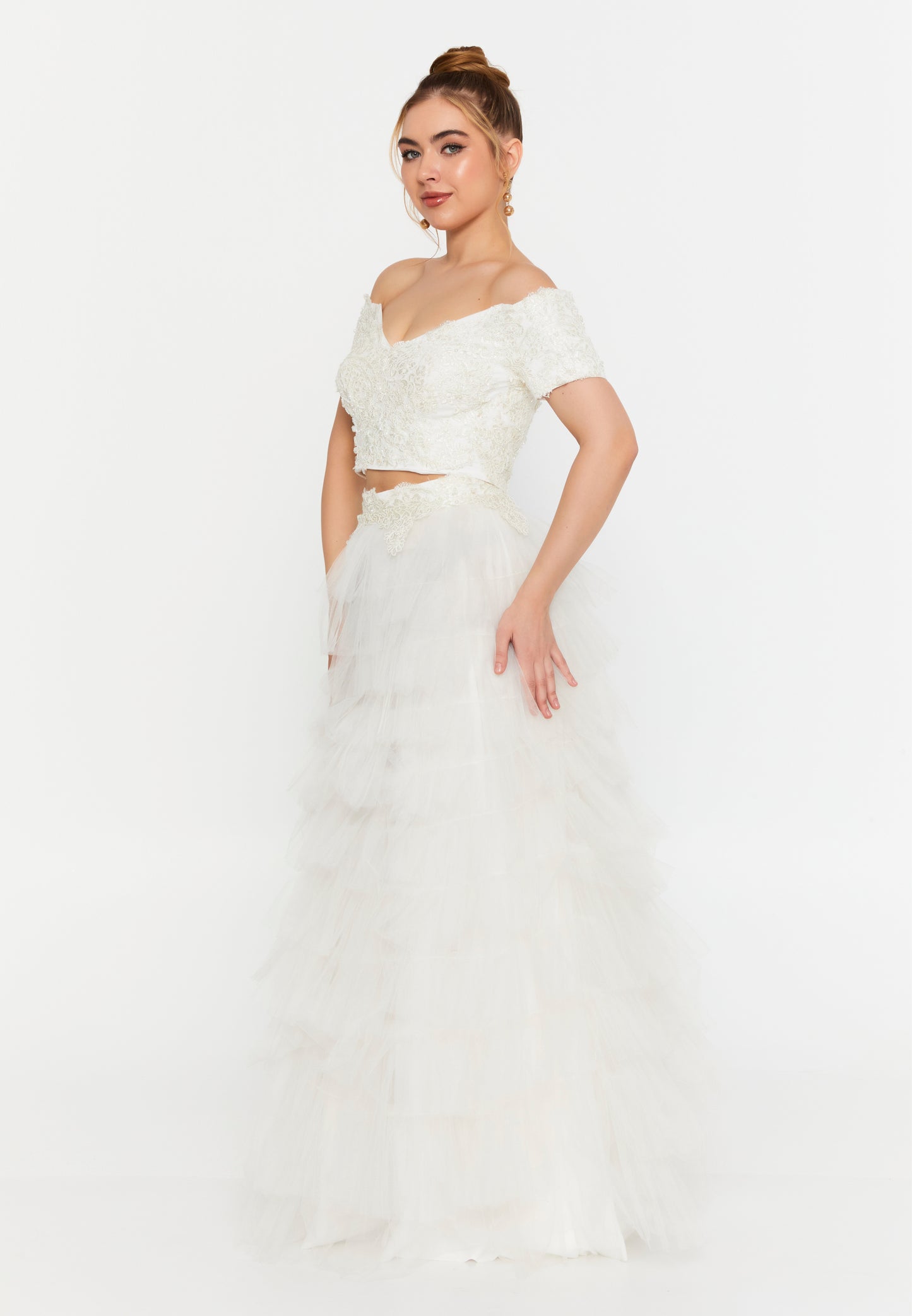 White Two-Piece Bridal Lace & Tulle Set