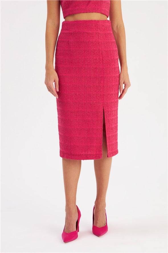 Slit Tweed Pencil Skirt - Fuchsia - LussoCA