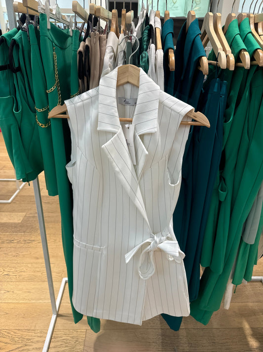 Pinstripe Stretchy Crepe Wrap Vest - White