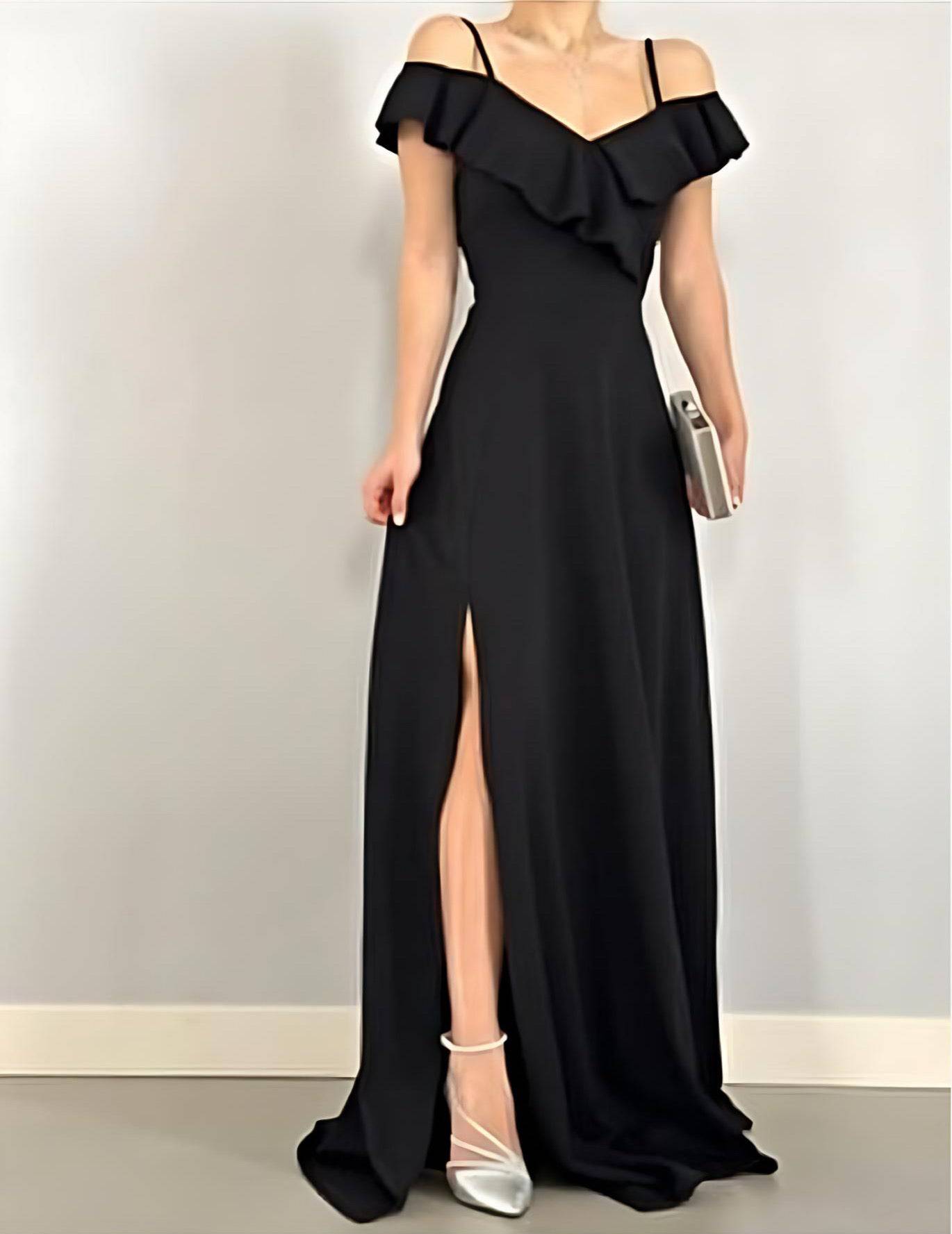 Off-Shoulder Maxi Dress with Spaghetti Straps and Long Slit - Black - LussoCA