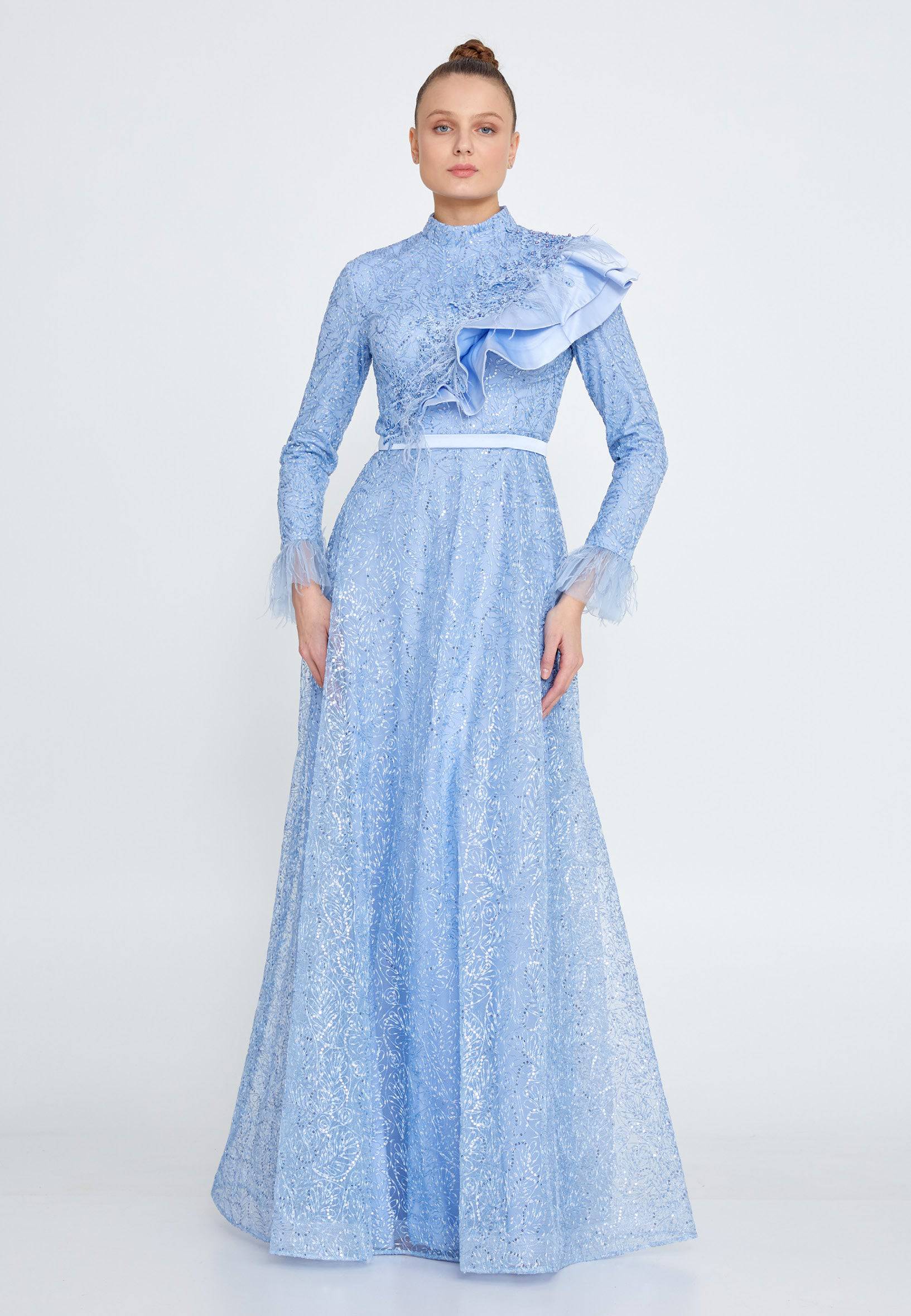 Modest Lace Full Sleeve Ruffle Neck Long Dress Baby Blue