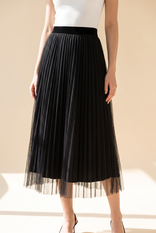 Pleated Tulle Midi Skirt with Velvet Lining in Black styled with a white top – women's skirt by Lusso