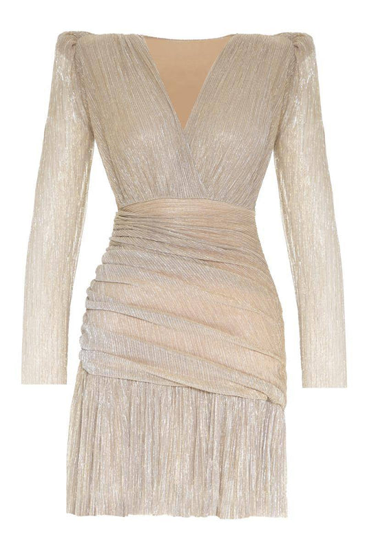 Metallic Long Sleeve Wrapped Mini Skirt Dress - Gold - LussoCA