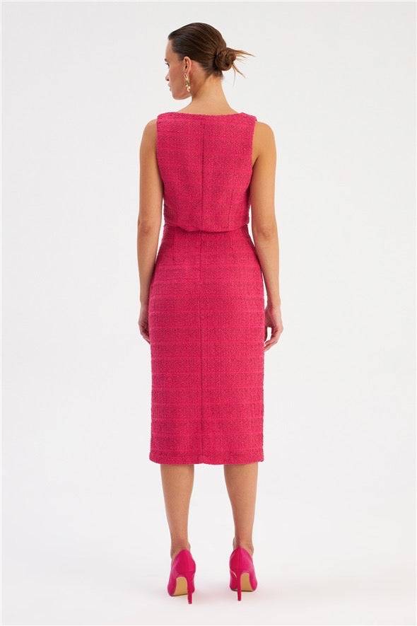 Slit Tweed Pencil Skirt - Fuchsia - LussoCA