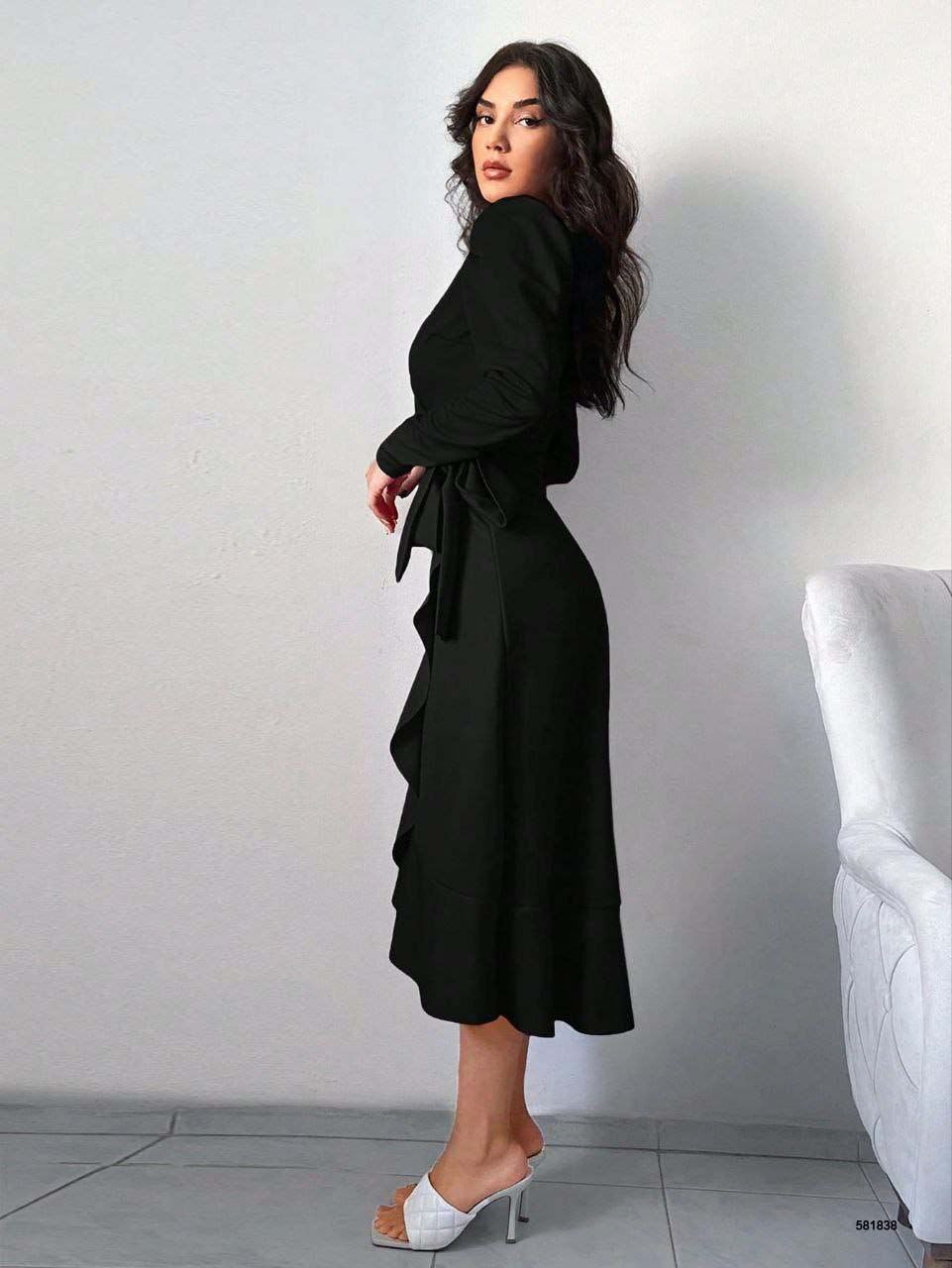 Ruffle Midi Long Sleeve Dress - Black