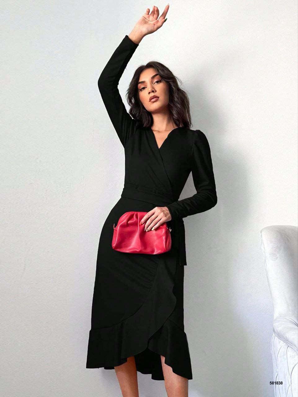 Ruffle Midi Long Sleeve Dress - Black